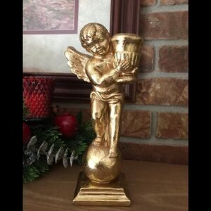 Rare VTG Gold Wing Cherub Candleholder Sculpture